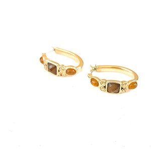 Brown & Gold Rhinestone Hoop Earrings. Retro Pierced Earrings
